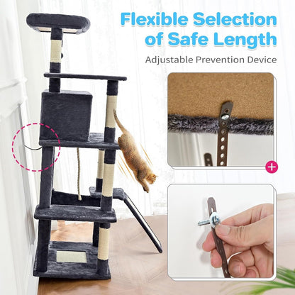 ABCPET 63-inch Multi-level Cat Climbing Frame, Indoor Cat Sisal Scratch Post, Cat Bed, Hammock, Hanging Ball, Extension Platform,Self-pickup Only