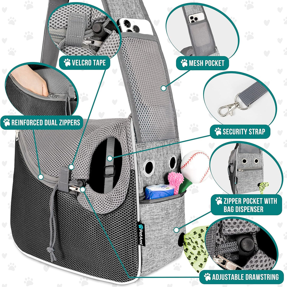 PetAmi Small Dog Sling Carrier, Soft-Sided Crossbody Puppy Carrying Purse Bag, Adjustable Sling Pet Pouch to Wear Medium Dog Cat Travel, Dog Bag for Traveling, Poop Bag Dispenser, Max 10 lbs, Gray