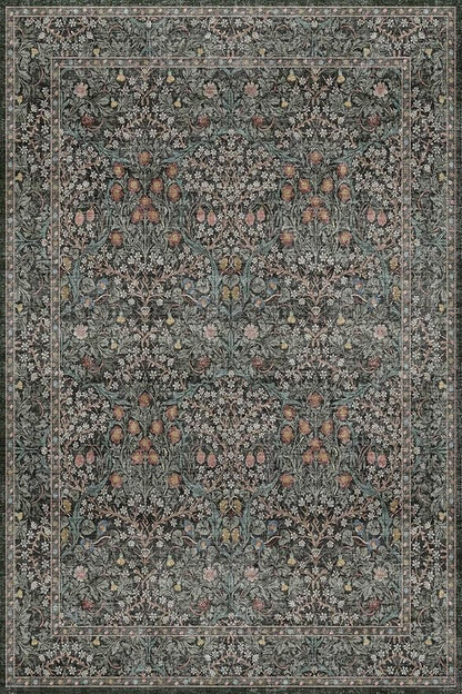 Dark Green 4x6 Washable Area Rug for Living Room Bedroom Large Entryway Kitchen, Ultra Soft Non Slip Stain Resistance, Floral Distressed Aethestic Design