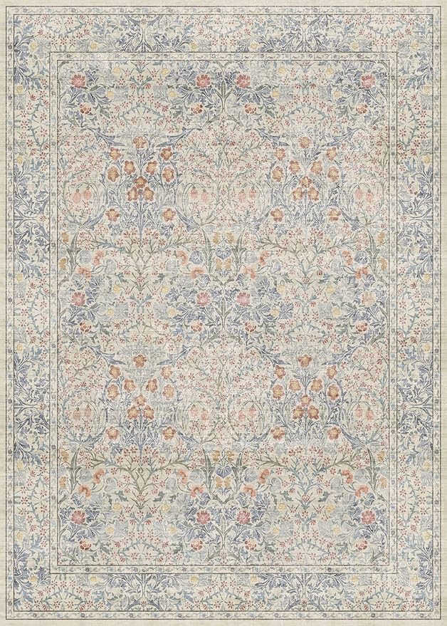 Vintage Washable Beige Blue 10x14 Rug for Living Room - Extra Large Area Rug for Dining Room Under Table, Bedroom - Botanical Floral Design with Purple Red Accent, Non-Slip Lightweight Soft Low Pile
