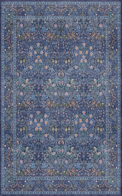 Vintage Dark Blue Living Room Rug 5x8 Area Rug - Vintage Floral Forest Washable Mat for Dining Room, Bedroom, Low Pile Non Slip Stain Resistance Distressed Retro Indoor Boho Floral Carpet