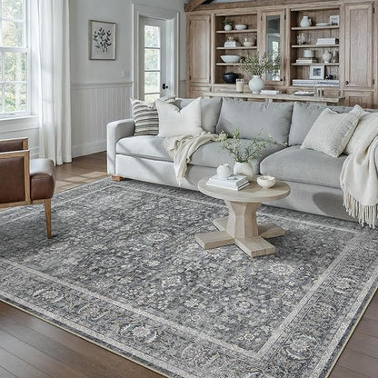 Blue 5x7 Area Rug Non Slip Vintage Living Room Distressed Machine Washable Carpet Retro Indoor Bedroom Floral Traditional Accent Throw Rug for Office Kitchen Dorm Dining Room