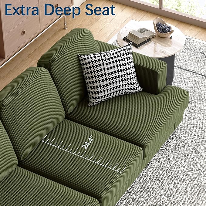 WiberWi 87 inch Couches for Living Room, Comfy 3 Seater Sofa with Deep Seat, Modern Green Corduroy Couch with Wide Armrests, Upholstered Backrests with Removable Cover