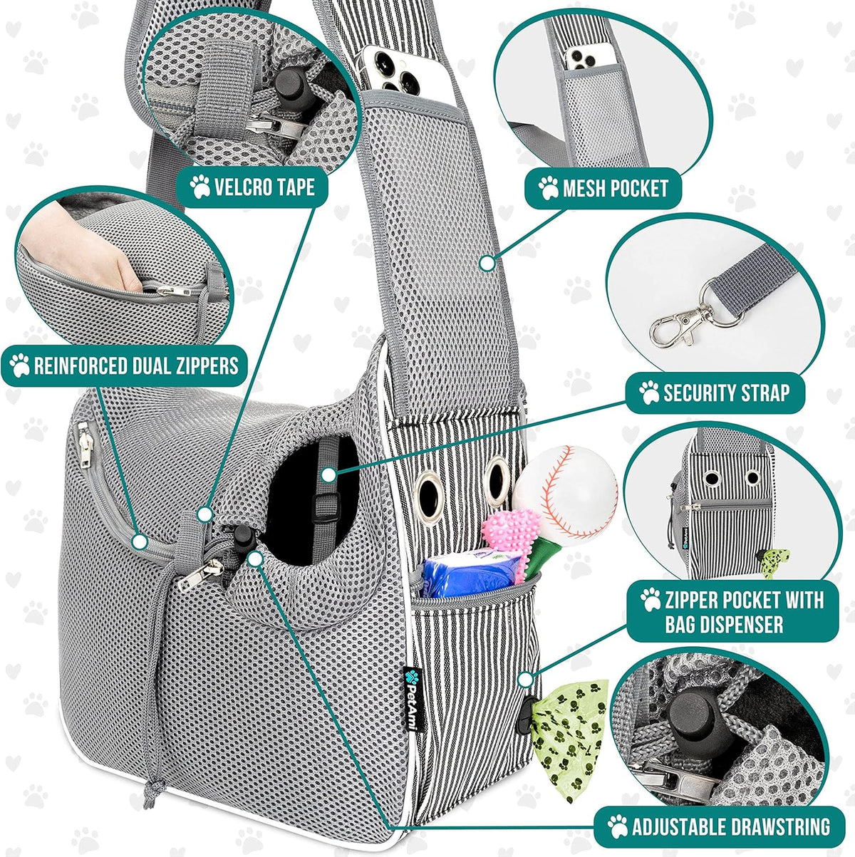 PetAmi Small Dog Sling Carrier, Soft-Sided Crossbody Puppy Carrying Purse Bag, Adjustable Sling Pet Pouch to Wear Medium Cat Travel, Dog Bag for Traveling, Poop Bag Dispenser, Max 10 lbs, Stripe Black