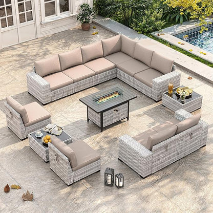 13 Piece Outdoor Wicker Rattan Sectional Sofa Set with 55,000 BTU Fire Pit Table, 10-Seats with 4" Thickened Cushions & Coffee Table, All-Weather PE Rattan for Garden, Backyard, Porch, Beige