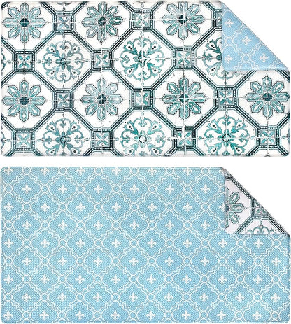 OPUX Anti Fatigue Kitchen Floor Mat, Reversible Cushioned Memory Foam Kitchen Rug Pad, Waterproof Non-Slip Padded Comfort Standing Mat Office Laundry Home, 32x17 (Floral Tile Blue)