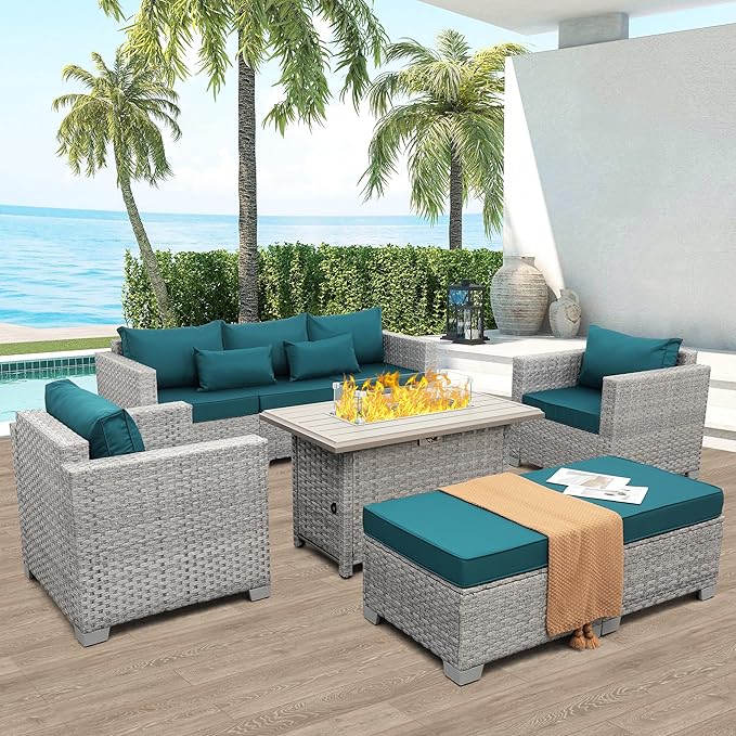 WAROOM Patio Furniture Set 6 Piece Grey Wicker Outdoor Sectional Sofa Balcony Furniture Couch PE Rattan Conversation Sets with Fire Pit Table, Peacock Blue Cushion