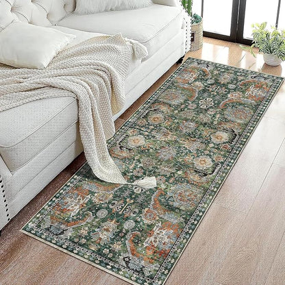 RUGSURE Washable Area Rugs - Perfect for Living Room, Bedroom, Kids Room, Nursery - Stain & Water Resistant Non-Slip, Pet & Child Friendly, Vintage Tribal Area Rugs (Green, 2'6'' x 8')