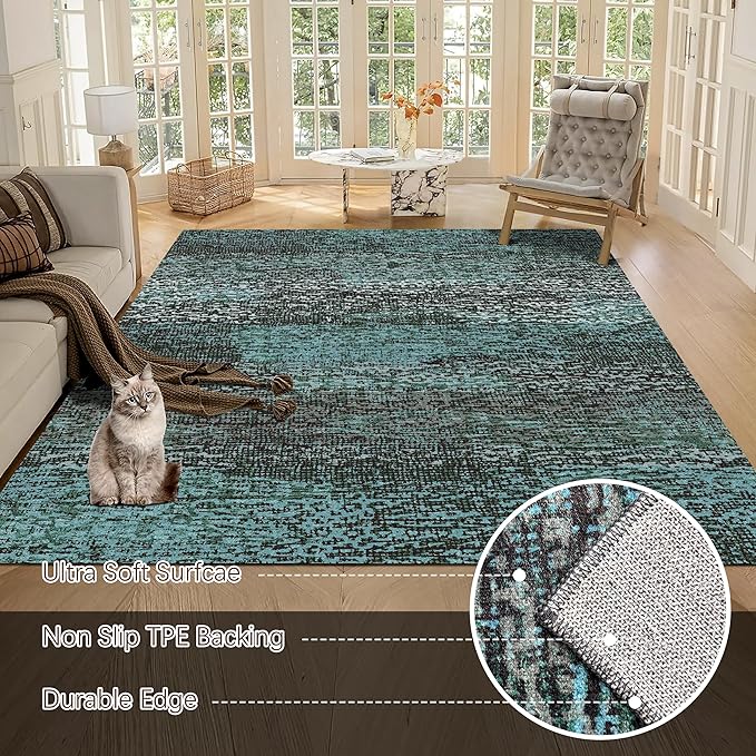 RUGSURE Washable Area Rug - 1/6 Thick - Stain & Water Resistant Non-Slip - Resistant Rug for Living Room, Bedroom, Nursery, Pet & Child Friendly, Vintage Charm Area Rugs (Green, 5' x 7')