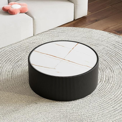 Round Coffee Table Set with Sintered Stone Tabletop, 29.52" Black Drum Center Table and 17.71" White Coffee Table Set, 2 Pieces Living Room Table Set with Fluted PU Leather Cover& Stable Base