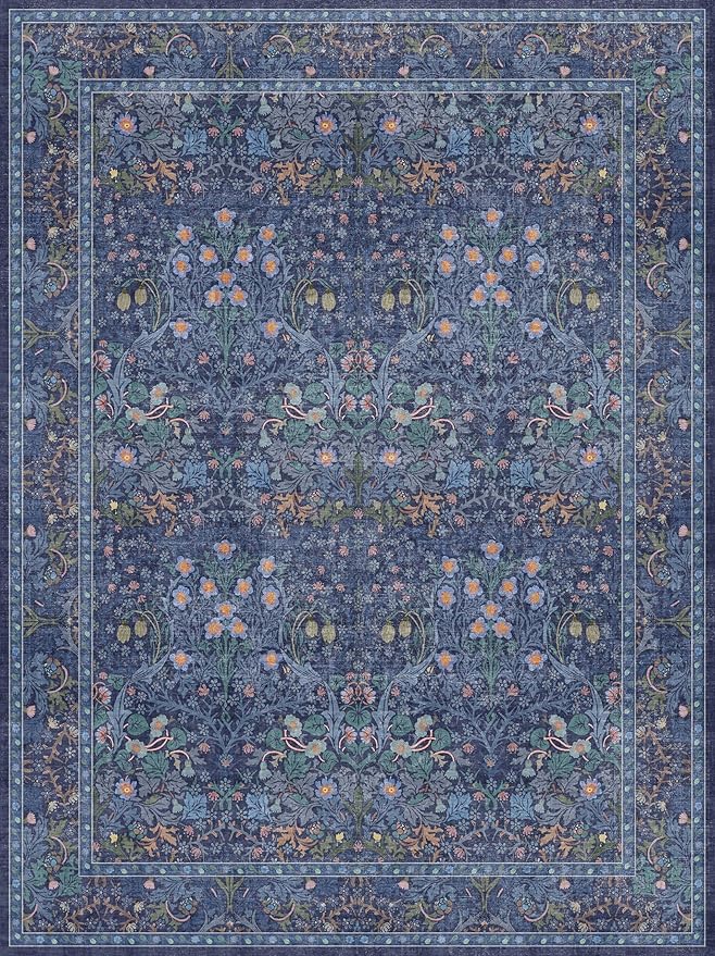 Washable Dark Blue Rug for Living Room - 9x12 Large Area Rug for Dining Room Under Table, Bedroom, Soft Low Pile Non-Slip Stain Resistant Carpet - Vintage Navy Floral Design