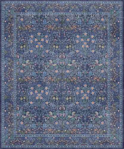 Washable Dark Blue Rug for Living Room - 10x12 Large Area Rug for Dining Room Under Table, Bedroom, Soft Low Pile Non-Slip Stain Resistant Carpet - Vintage Navy Floral Design