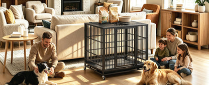 Heavy Duty Dog Crate , Mobile Pet Kennel with Lockable Wheels & Rotary Twist-Latch, Indoor Outdoor Metal Cage with Perforated Top