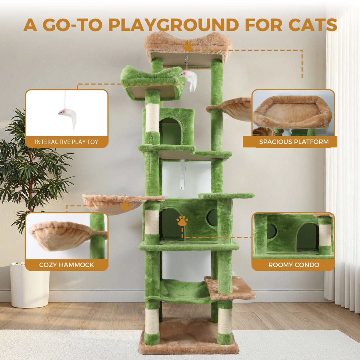 68in Tall Multi-Level Green Cat Tree with Hammocks, Hanging Basket, Cat Cave, Removeable Cushion, Scratching Posts - Plush Cat Tower for Indoor Cats, Perfect for Multiple Cats Green
