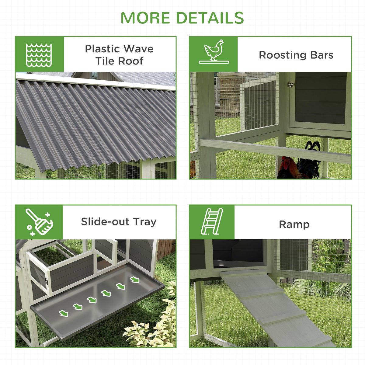 Wooden Chicken Coop with Run, 2 Nesting Boxes, 2 Roosting Bars, Ramp & Tray, Poultry Cage for 4-6 Chickens, Gray