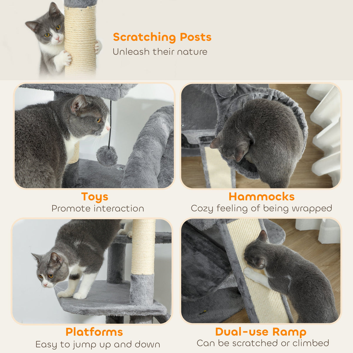 69" Cat Tree, Multi-Level Cat Tower with 2 Condos and 3 Hammocks, 8 Scratching Posts, for Multiple Cats, Dark Gray