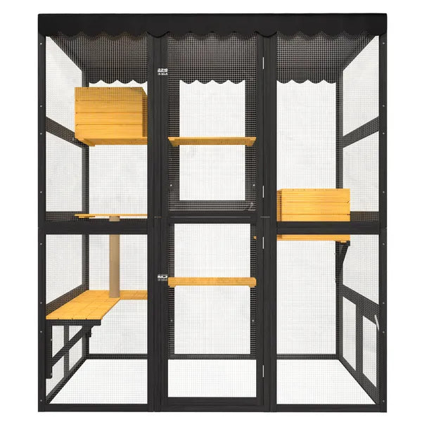 Cat Catio Outdoor Cat Enclosure For Multiple Indoor Outdoor Cats, Large Wooden Walk-in Cat House With Window Connection , 2 Condos, 5 Platforms, 4 Doors, And Weatherproof Roof Cover