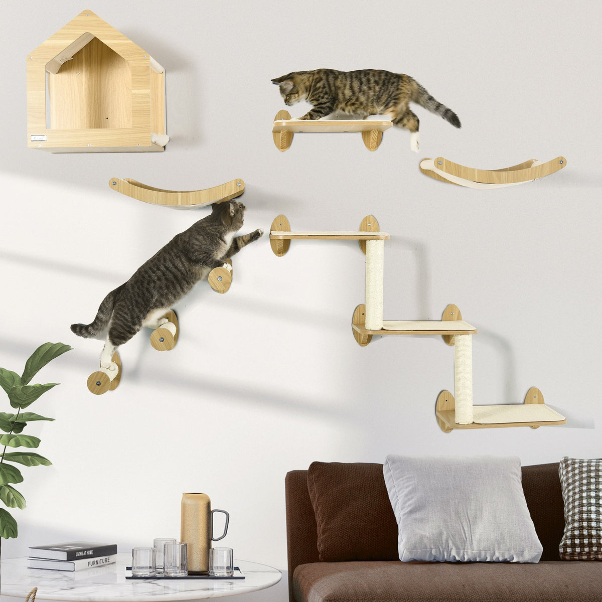 8PCs Cat Wall Shelves Pet Wall-mounted Climbing Shelf Set with Cushion Condo Scratching Posts Hammock Oak