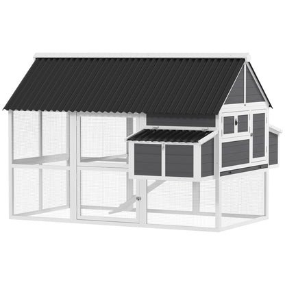Wooden Chicken Coop with Run, 2 Nesting Boxes, 2 Roosting Bars, Ramp & Tray, Poultry Cage for 4-6 Chickens, Gray