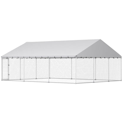 Heavy Duty Outdoor Dog Kennel with Waterproof Roof, 2 Secure Latches, Chain Link Dog Run for Backyard, 20 x 15 x 8