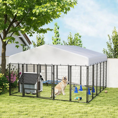 9.8' X 9.8' X 6'Outdoor Dog Kennel, Dog Kennel Outside Run With 360 Rotating Bowls, Waterproof & UV Resistant CoverMultiple Packages
