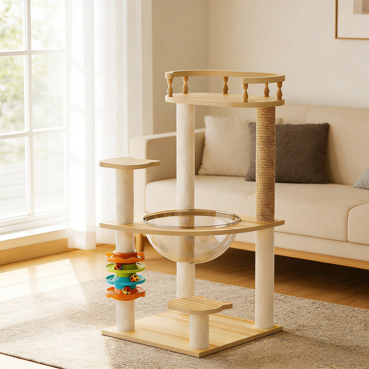32.2" Modern Cat Tower, Wood Cat Tree Tower for Indoor Cats, Cat Treewith Sisal-Covered Scratching Posts and Top Perch, Cat Condo with Acrylic Hammock and Toys for Small Large Cats