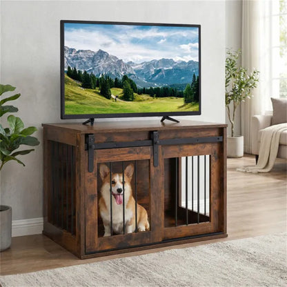 31.5" Dog Crate Furniture With Sliding Barn Door, Wooden Dog Kennel End Table For Indoor Use - Rustic Brown
