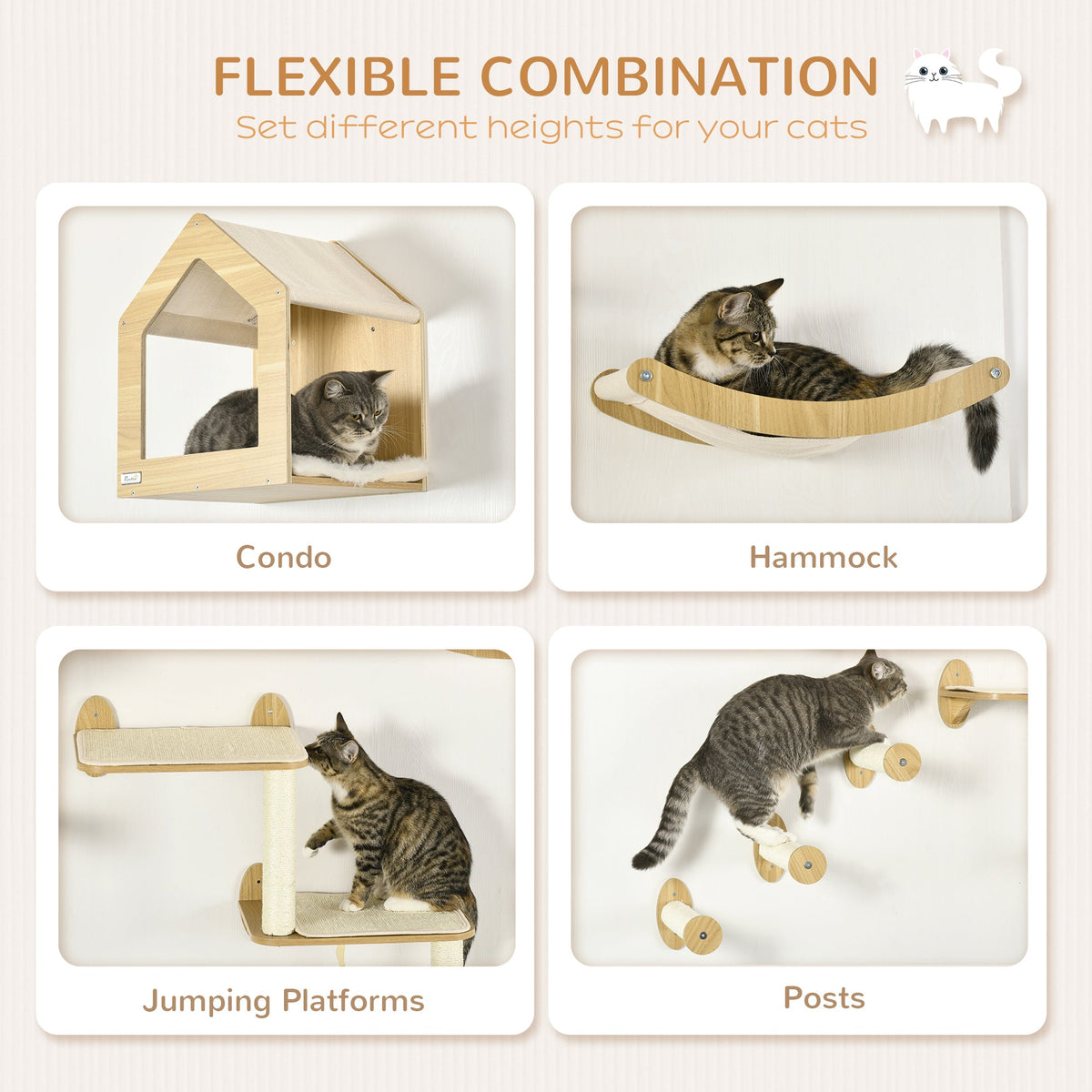 8PCs Cat Wall Shelves Pet Wall-mounted Climbing Shelf Set with Cushion Condo Scratching Posts Hammock Oak