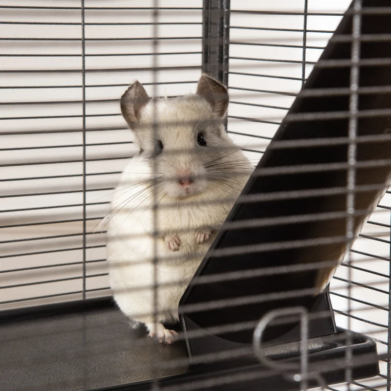 PawHut Metal Small Animal Cage Rolling Big Ferret Cage, Chinchilla Cage, Sugar Glider Cage, With Hammock & 4 Tiers, Removable Tray, Gray