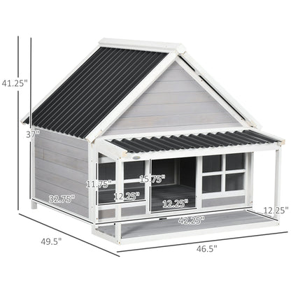 Wooden Dog House with Porch, Dog House Outdoor with Tilt Roof, Front Door, Windows for Medium Large Sized Dog