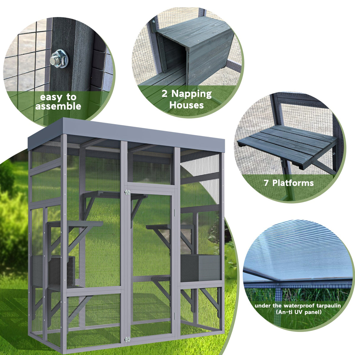62.6" Wooden Outdoor Catio for Cats, Large Cat Enclosure with Waterproof Roof, 2 Napping House, Platforms & Galvanized Wire – Pet Cage for Backyard or Patio