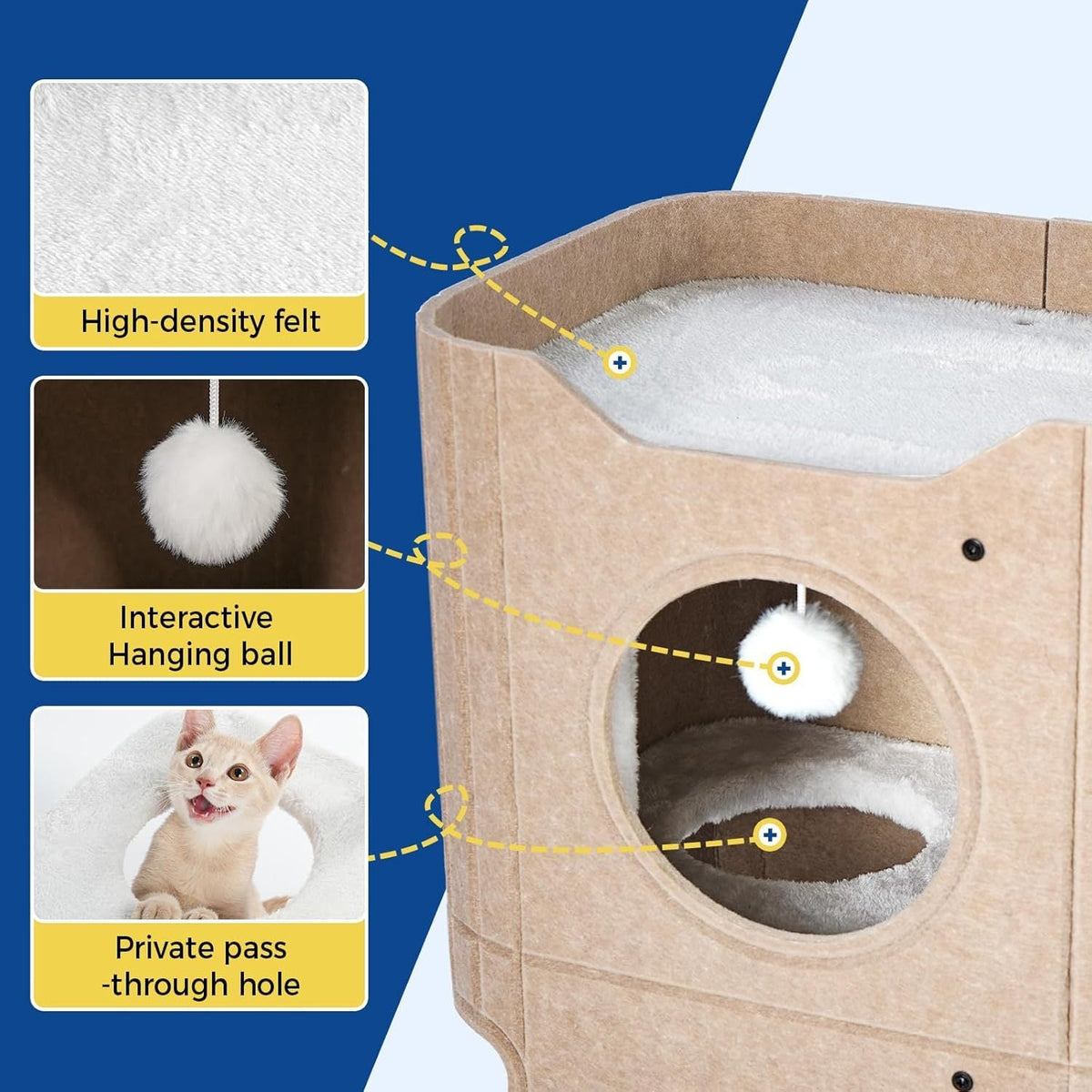 ABCPET Cat House  Indoor Felt Cat Bed  Scratch-Resistant Kitten Cube With Hanging Ball Light Gray,Pickup Only