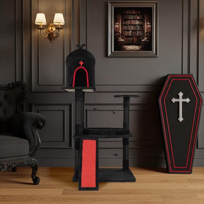 53in Gothic Cat Tree With Coffin Bed, Large Cat Tower With Spacious Cat Condo, Scratching Posts, Spider Hanging Toys, Scratching Board, Multi-Level Cat Activities Furniture For Large Cats, Red & Black