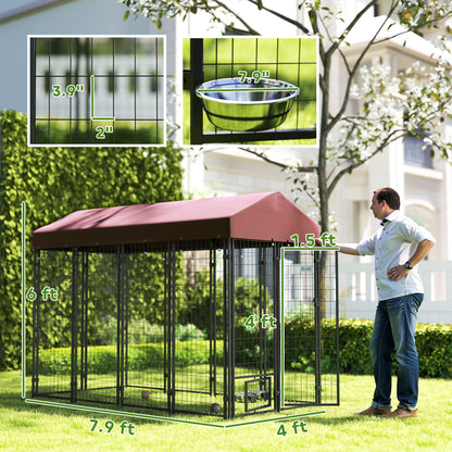Outdoor Dog Kennel with Rotating Bowl Holders, Walk-in Pet Playpen with Waterproof Cover, 8 x 4 x 6, Red