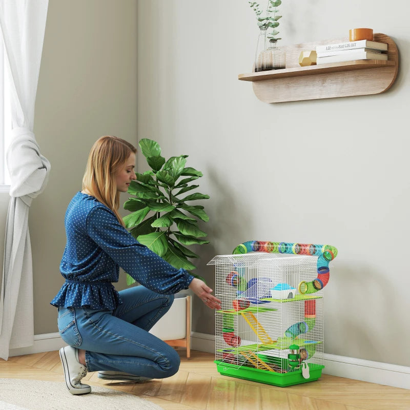 PawHut 5 Tier Hamster Cage With Tubes And Tunnels, Small Animal Cage, Rat Gerbil Cage With Water Bottle, Food Dish, Exercise Wheel, Green