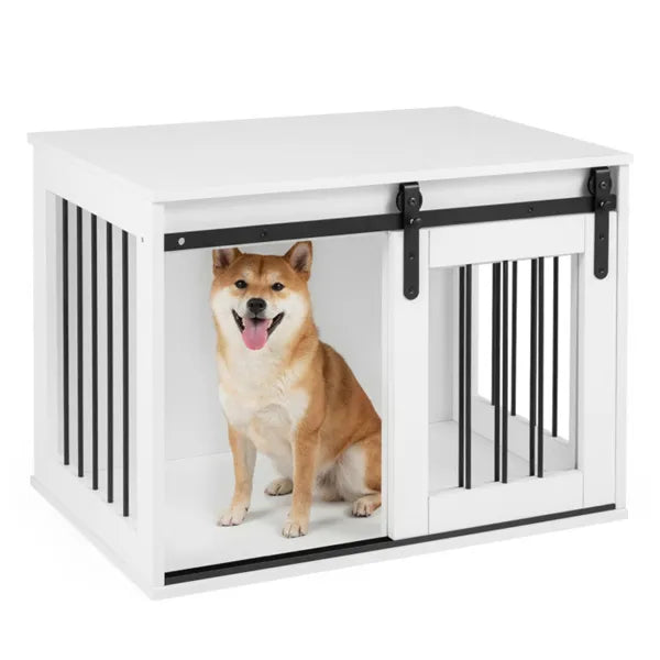 31.5" Dog Crate Furniture With Sliding Barn Door, Wooden Dog Kennel End Table For Indoor Use - White
