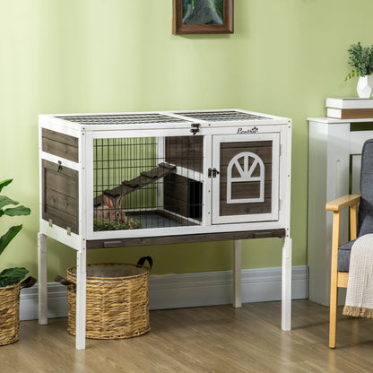 Wood Rabbit Hutch, Elevated Guinea Pig Cage with Run, Coffee