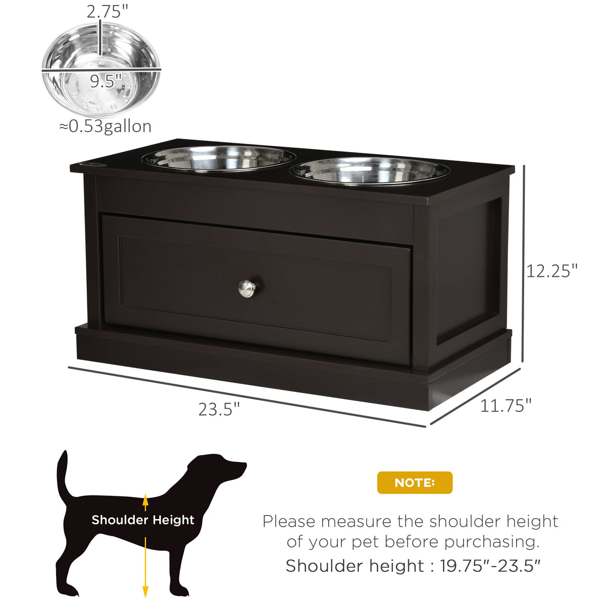 Large Elevated Dog Bowls with Storage Drawer Containing 11L Capacity, Raised Dog Bowl Stand Pet Food Bowl Dog Feeding Station, Brown