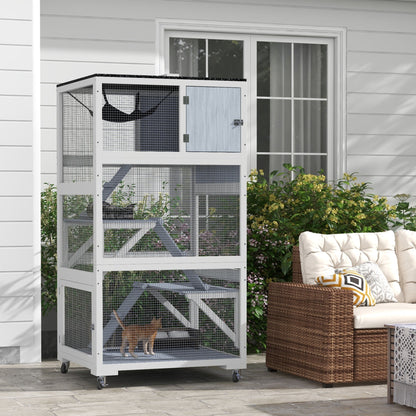 Catio, Outdoor Cat Enclosure House on Wheels with Hammock, Gray