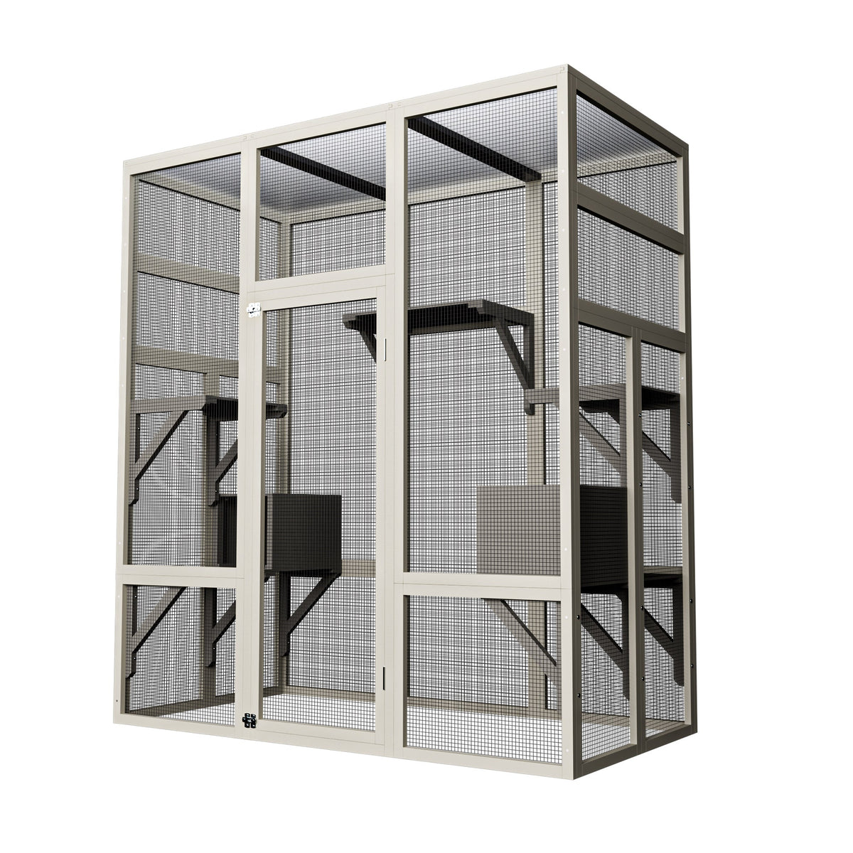 62.6" Gray Outdoor Wooden Cat House Large Catio, Solid Wood Cat Cage Shelter Enclosure Playpen with Anti-UV& Waterproof, 5 Platforms and 2 Resting Boxes