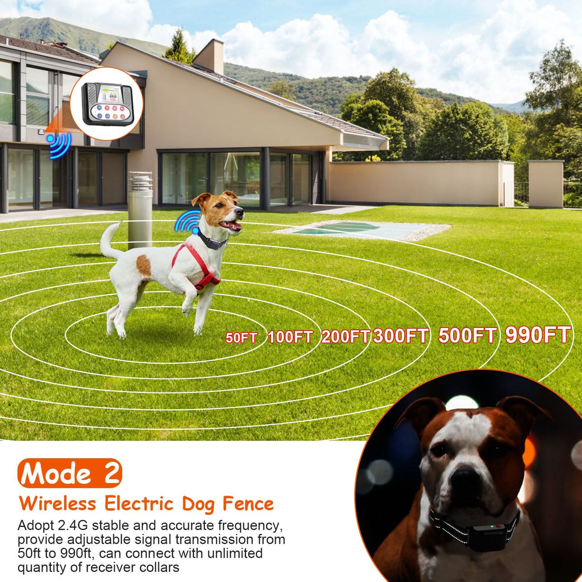 1Set 990FT Range Dog Wireless Fence Remote Training Collar IPX6 Waterproof Receiver With 0-9 Levels Beep Vibration Shock Mode 4 Channels Rechargeable Transmitter System