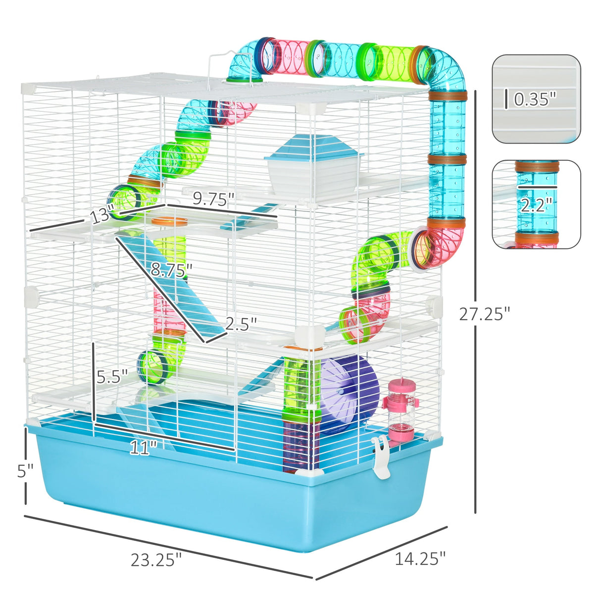Extra Large 23" Hamster Cage with Tubes and Tunnels, Portable Carry Handles, Rat House and Habitats Big 5-Tier Design, Mouse Cage Includes Exercise Wheel, Water Bottle, Food Dish, Light Blue