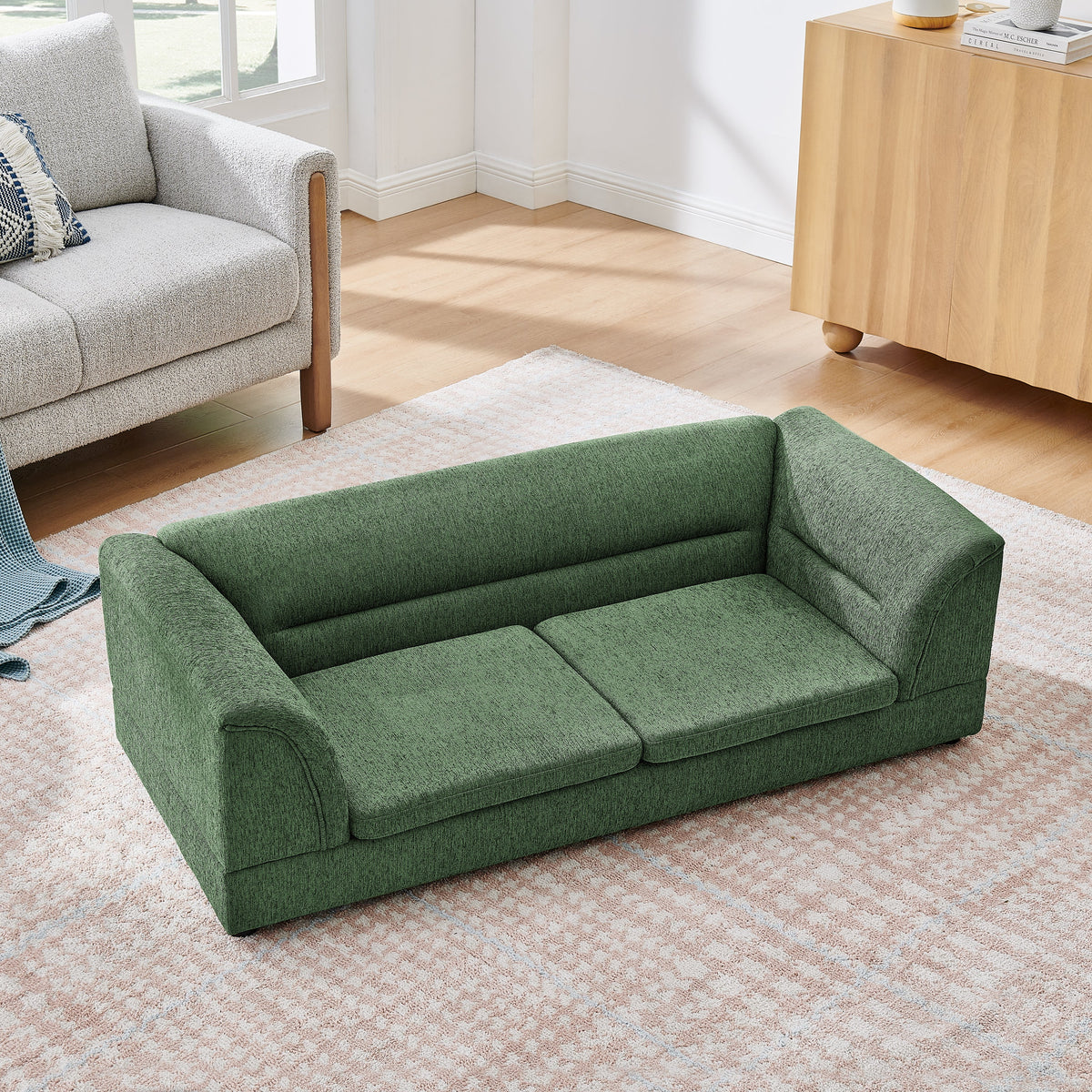 Oversized Pet Sofa, Curved Armrest Rectangular Dog Sofa, Linen Fabric Comfort Pet Couch for Large & Oversized Dogs-Olive Green