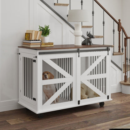 47.2 Mobile Dog Crate With Flip-Top Feeding Door, Dual-Access & 5 Caster System 2 Locking, Side Hooks - Multi-Functional Pet Kennel,double Dog Crate Furniture