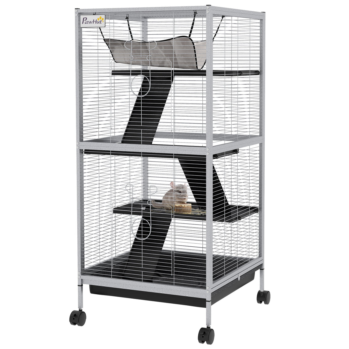 45" H Rolling Small Animal Cage with Hammock, Ferret Cage, Chinchilla Cage, Pet Habitat with 6 Doors, Removable Tray