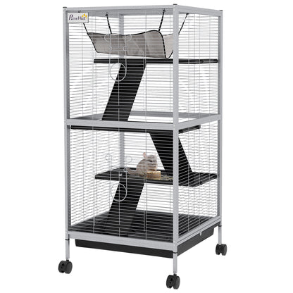 45" H Rolling Small Animal Cage with Hammock, Ferret Cage, Chinchilla Cage, Pet Habitat with 6 Doors, Removable Tray