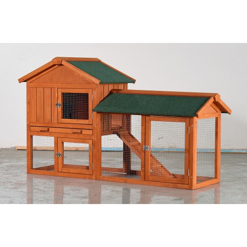 Large Wooden Rabbit Hutch, 2 Story Outdoor Bunny Cage With Waterproof Asphalt Roof, Pull-Out Tray  Ramp, Fir Wood Pet House For Rabbits, Chickens, Guinea Pigs Brown  Green